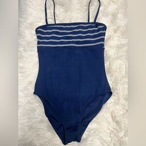 Ralph Lauren Womens One Piece Swimsuit Navy Stripe Stretch Square Neck Ribbed